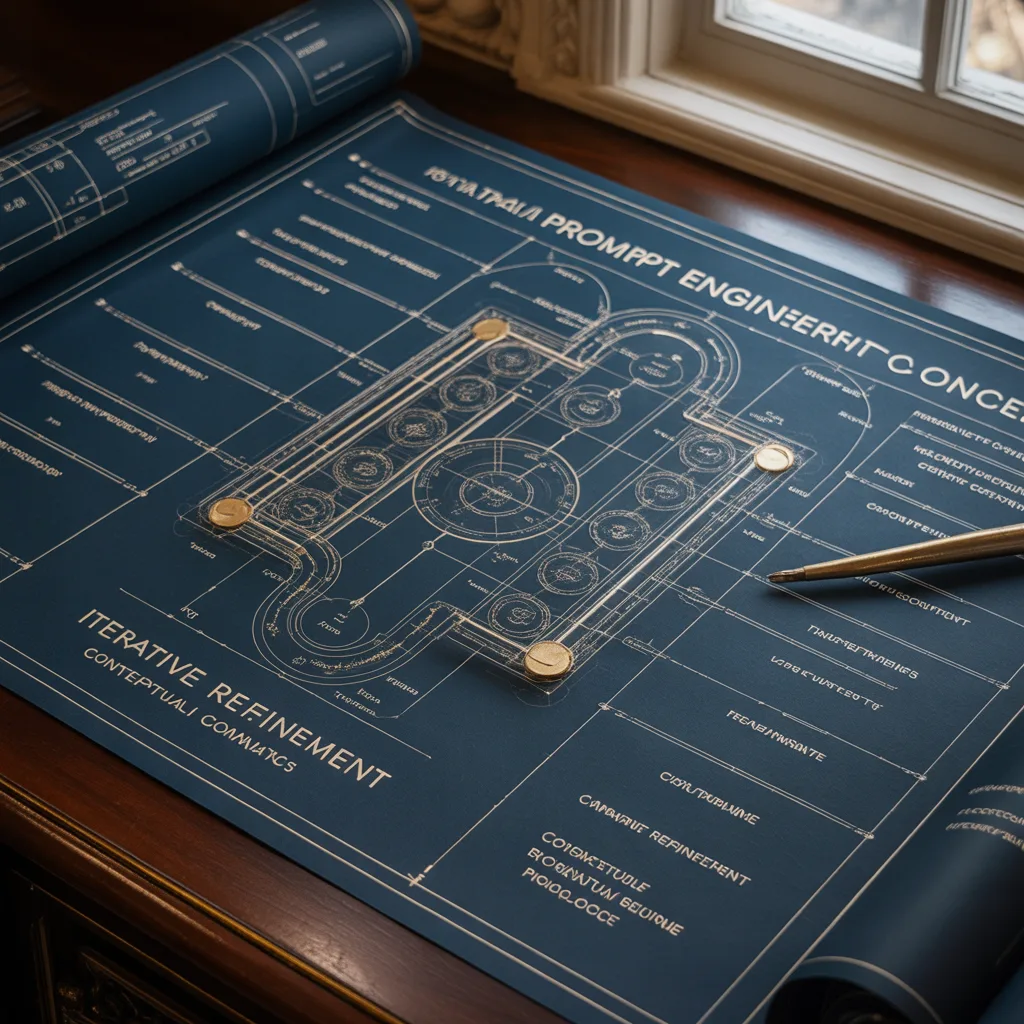 AI Content Master 2025 – KI-Guides mit Prompt-Toolbox 4 Blaupause mit goldenem Prompt-Engineering-Diagramm und technischen Zeichnungen auf Schreibtisch mit Stift
