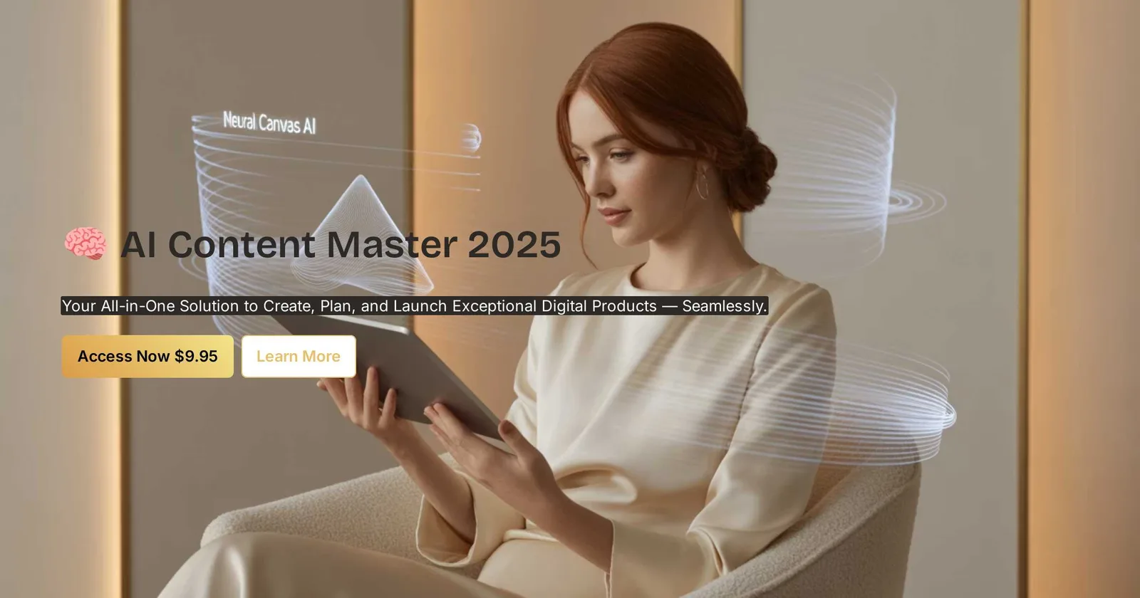 AI Content Master 2025 – KI-Guides mit Prompt-Toolbox 2 Frau mit Tablet vor futuristischen Neural-Canvas-AI-Grafiken, AI Content Master 2025 Startseite mit Tagline