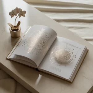 Aufgeschlagenes Buch mit goldenem neuronalen Netzwerk-Grafik, Orchidee in Vase neben minimalistischem Desktop