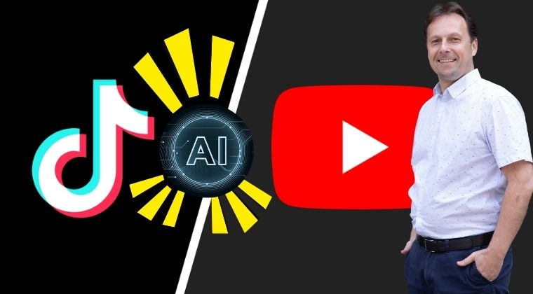 Grafik mit TikTok- und YouTube-Logos, AI-Symbol und Mann im weißen Hemd