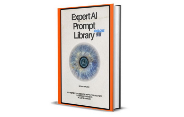 Buch-Mockup mit orange Rahmen und Auge-Symbol, Titel Expert AI Prompt Library