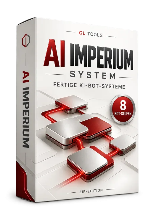 AI Imperium System Produktbox Frontansicht mit roten Verbindungselementen und Bot-Stufen Logo