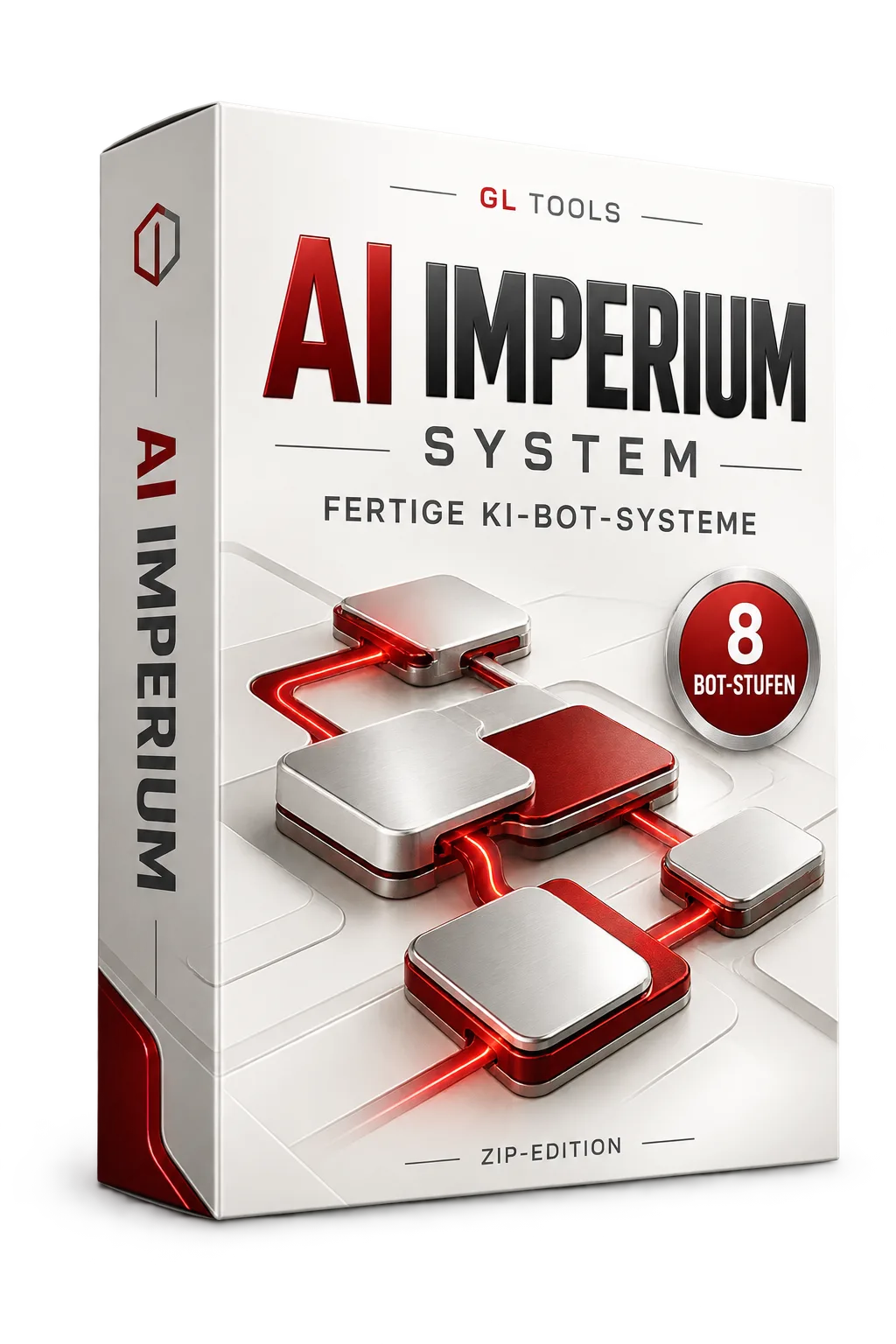 AI Imperium System Produktbox mit acht KI-Bot-Systemen, rote und weiße Design-Elemente, 8 Bot-Stufen Badge