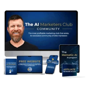 Produktmockup des AI Marketers Club zeigt Mann auf blauem Hintergrund, begleitende Materialien wie Notizbuch, Website-Guide u