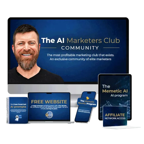 Produktmockup des AI Marketers Club zeigt Mann auf blauem Hintergrund, begleitende Materialien wie Notizbuch, Website-Guide u