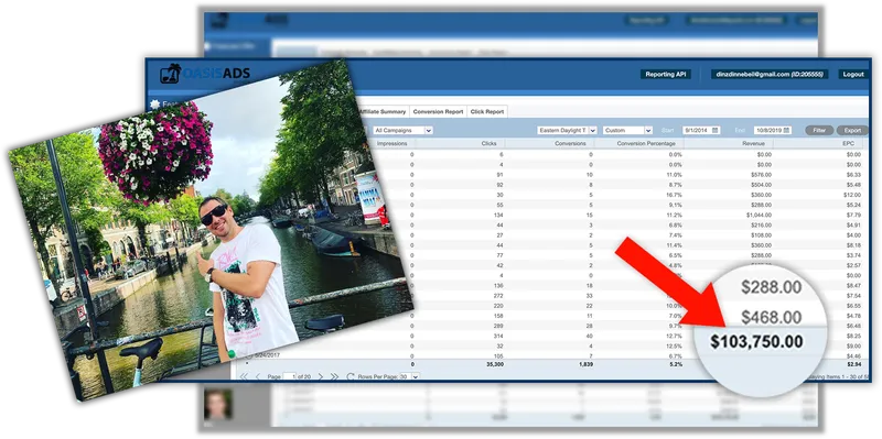 Dashboard-Screenshot mit Earnings-Übersicht und rotem Pfeil zeigt $103.750,00 Gesamtverdienst, daneben Porträtfoto eines Mann