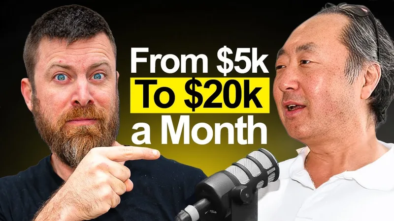 Zwei Männer in Nahaufnahme vor schwarzem Hintergrund, Text in Weiß und Gelb: From $5k To $20k a Month