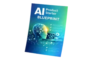 AI Product Starter Blueprint Cover mit KI-Kopf, Laptop und Zahnrad-Icons auf blau-grünem Gradient