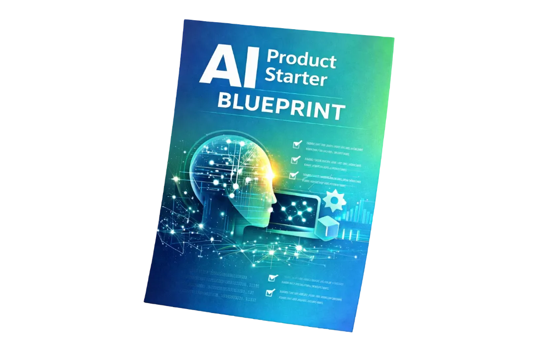 AI Product Starter Blueprint Cover mit KI-Kopf, Laptop und Zahnrad-Icons auf blau-grünem Gradient