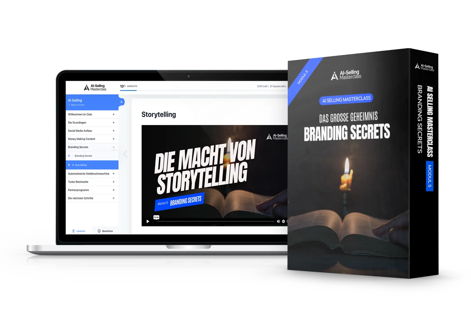 Produktmockup Branding Secrets Masterclass mit Laptop zeigend Storytelling-Inhalte und Kursmaterial-Box