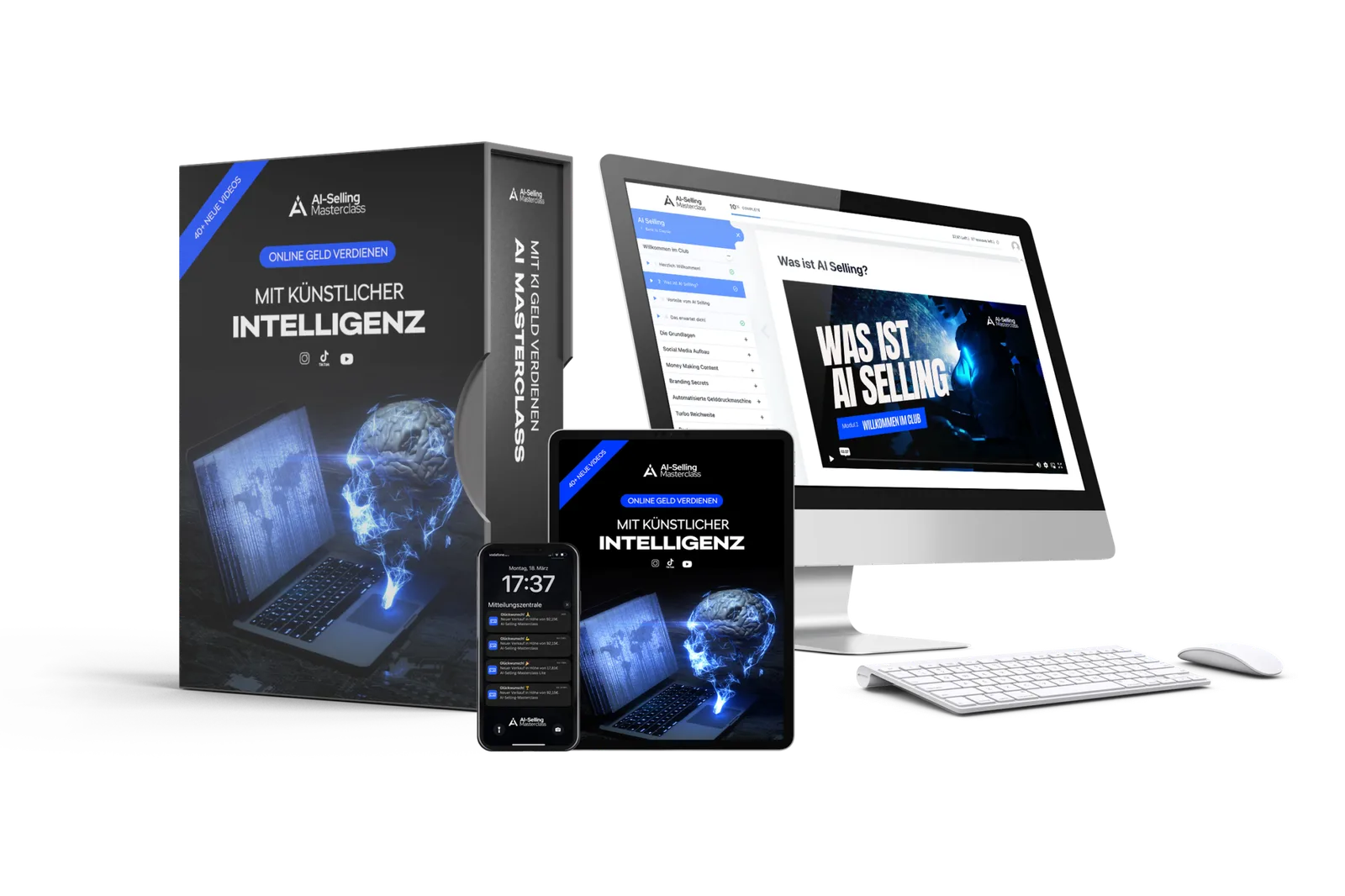 AI Selling Masterclass Produktbox, Laptop, Tablet und Smartphone mit Kurs-Startseite Online Geld Verdienen mit künstlicher In