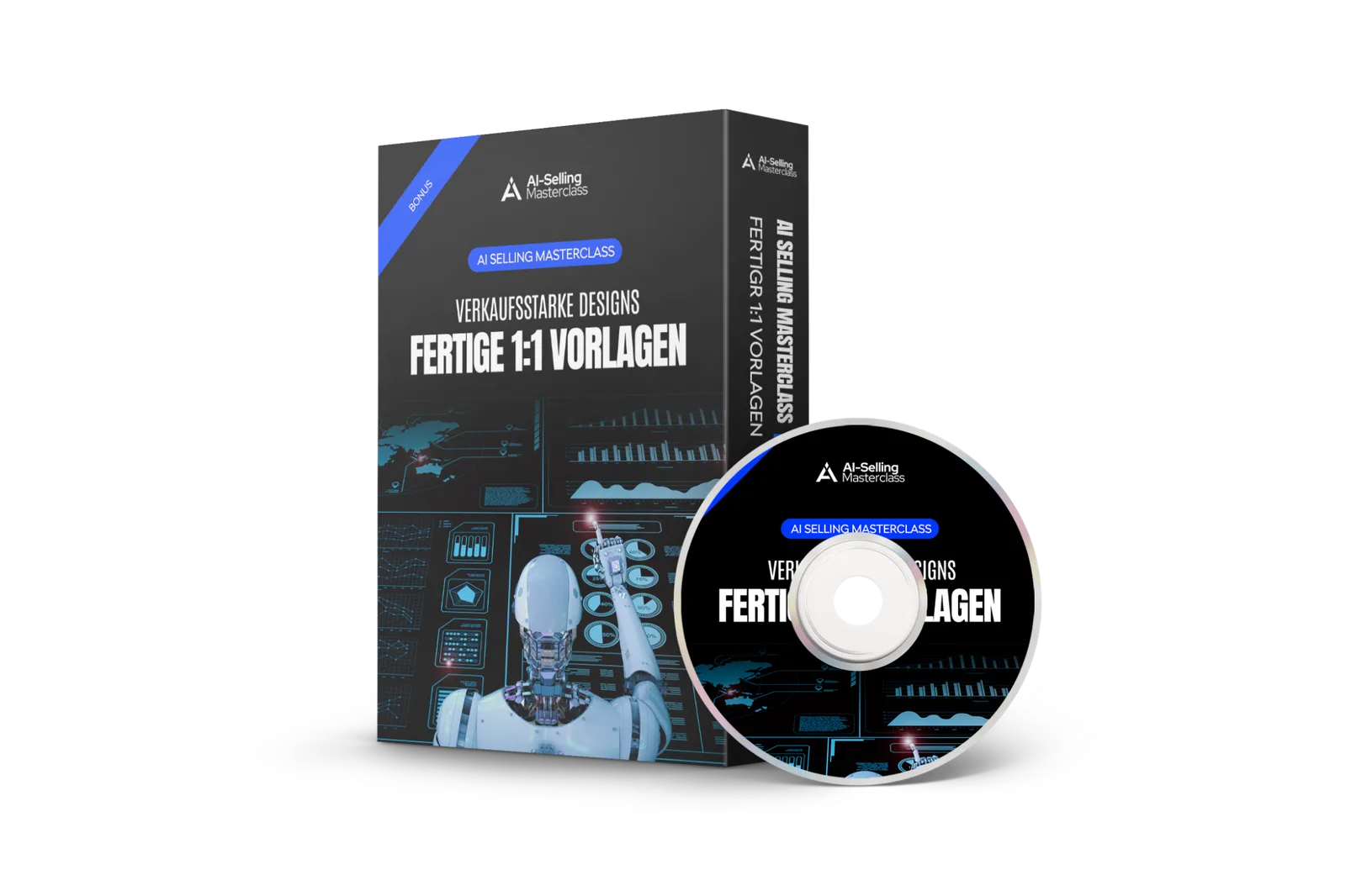 AI Selling Masterclass Bonus-Material DVD-Box mit Produktbox zum Thema Fertige 1:1 Vorlagen für Verkaufsstarke Designs