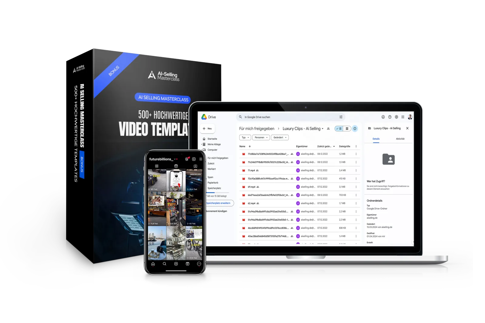 AI Selling Masterclass Produktbox mit Smartphone und Laptop, zeigt 500+ Video-Templates und Google Drive Ordner