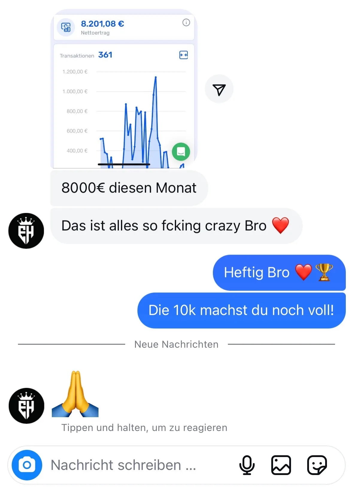 Kundenstimme-Screenshot mit Finanz-Dashboard zeigend 8.201,08€ Nettovortrag, 361 Transaktionen und Message-Austausch über Ein