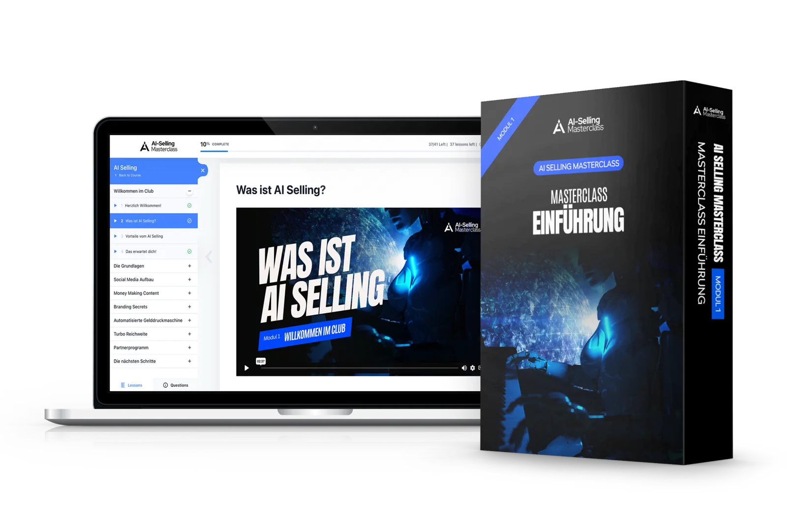 AI Selling Masterclass Produktmockup mit Boxcover, Laptop und Tablet zeigend Was ist AI Selling Modul und Kurs-Interface