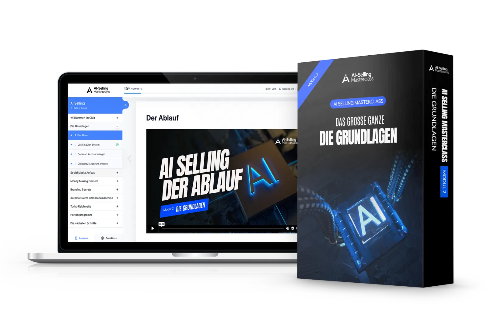 AI Selling Masterclass Modul 2 Cover mit Laptop-Screen und Produktbox zum Thema Grundlagen des AI Selling
