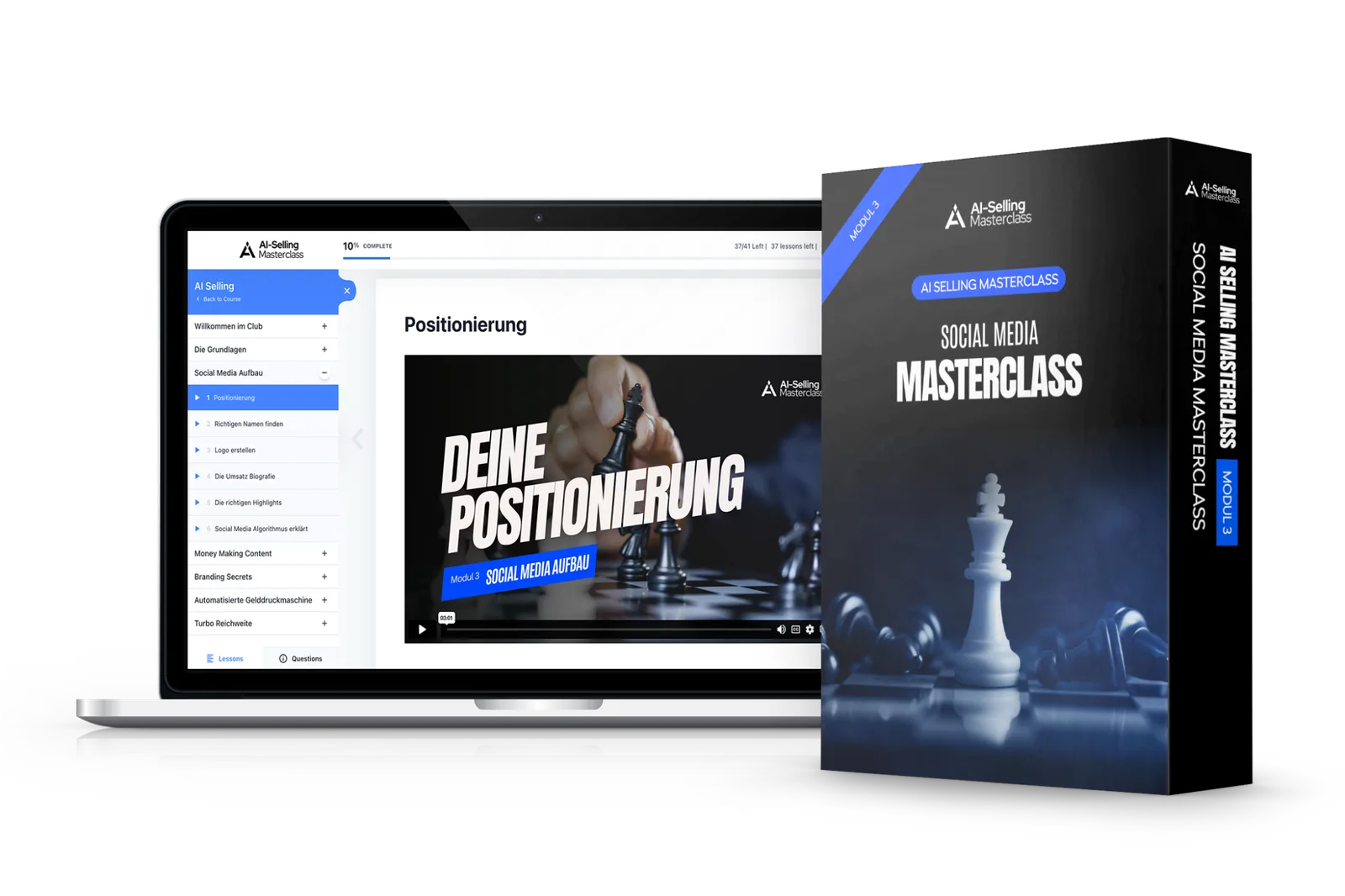 AI Selling Masterclass Produktmockup mit Boxcover Social Media Masterclass, Laptop und Tablet zeigend Positionierungs-Modul u