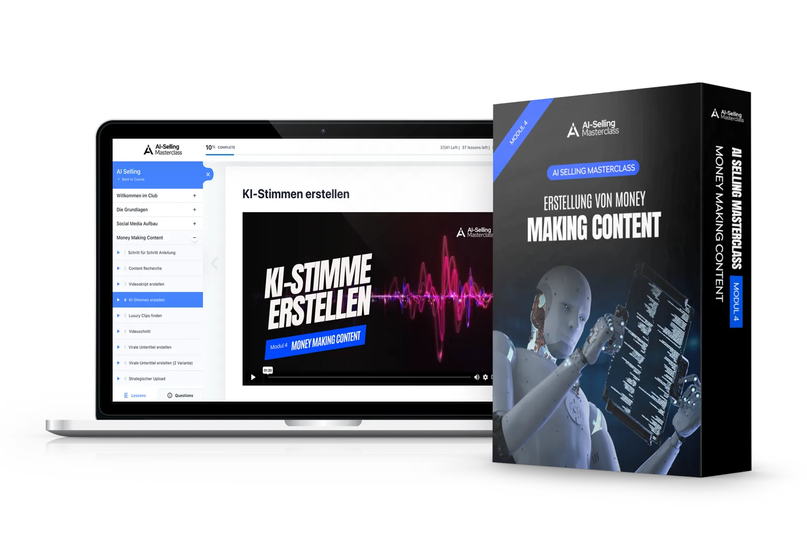 AI Selling Masterclass Modul 4 Cover mit Laptop-Screen und Produktbox zum Thema KI-Stimmen und Money Making Content
