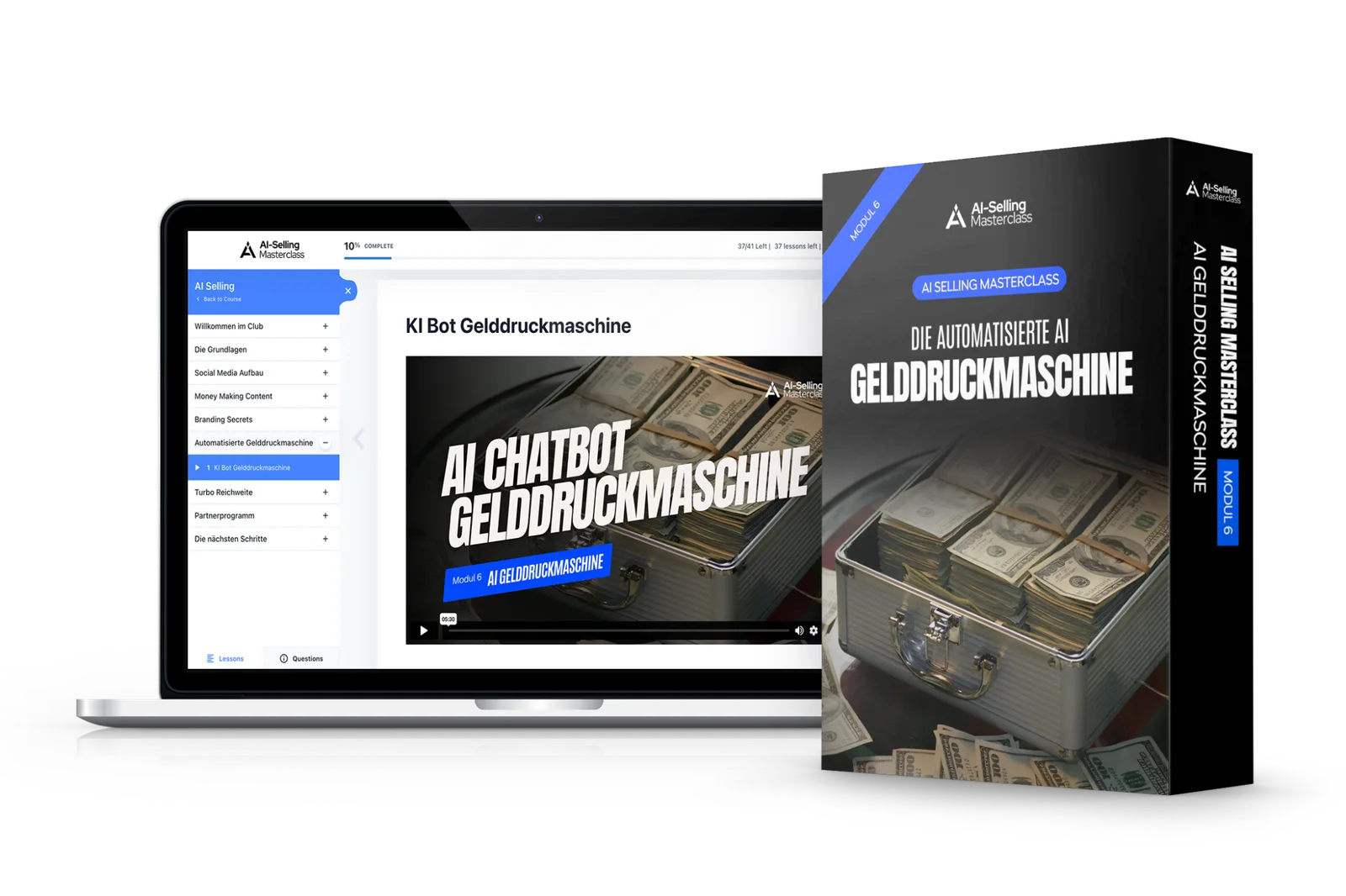 AI Selling Masterclass Modul 6 Cover mit Laptop-Screen und Produktbox zum Thema AI Chatbot Gelddruckmaschine