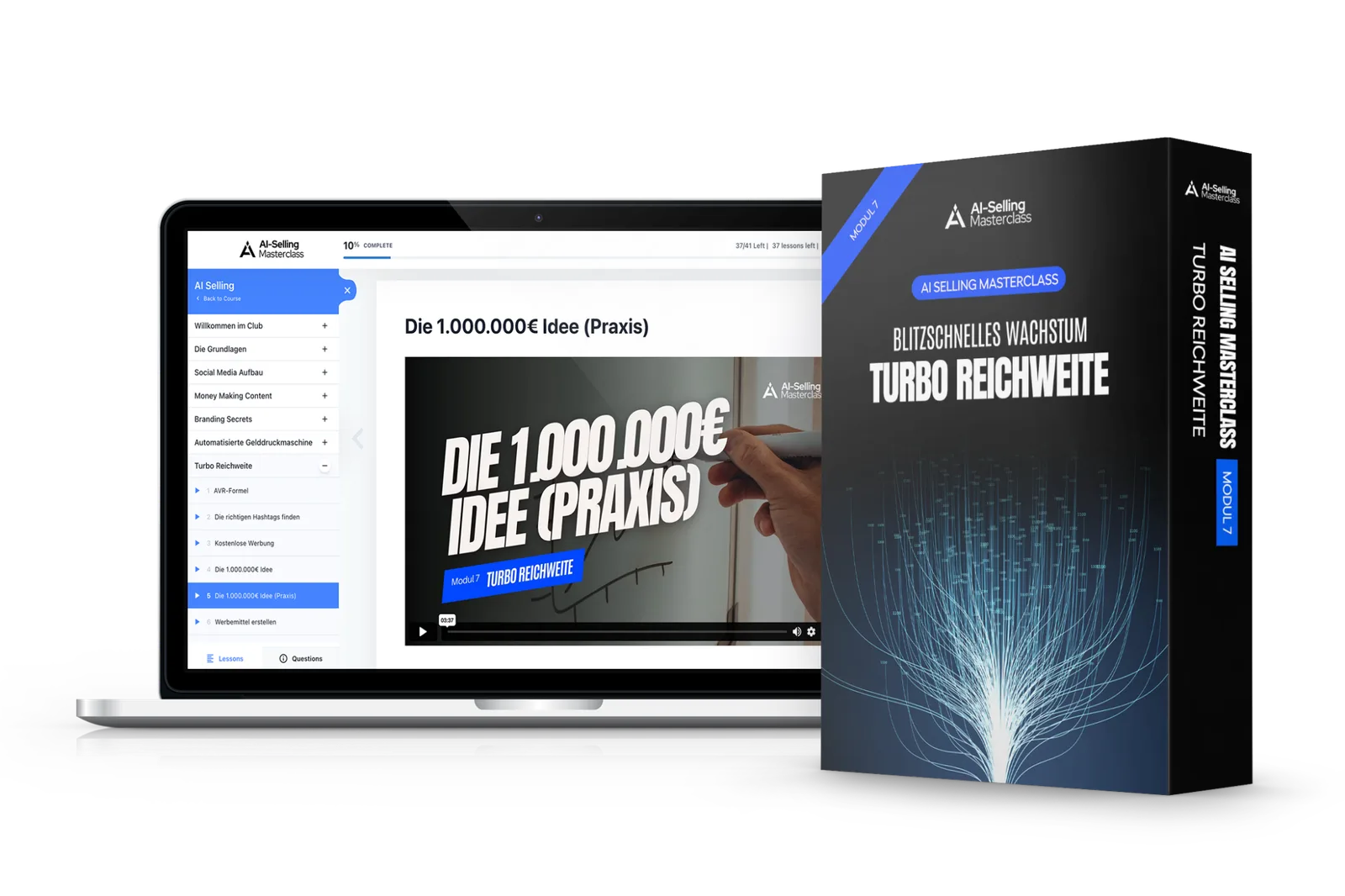AI Selling Masterclass Produktmockup mit Boxcover Turbo Reichweite, Laptop und Tablet zeigend Turbo Reichweite Modul zur 1.00