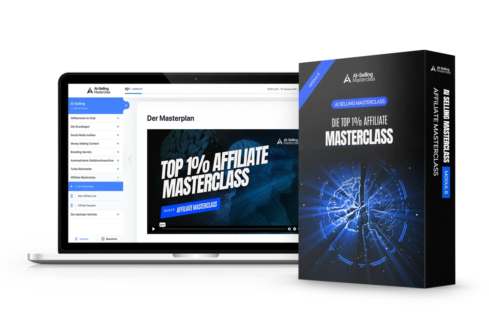 AI Selling Masterclass Modul 8 Cover mit Laptop-Screen und Produktbox zur Top 1% Affiliate Masterclass