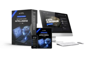 AI Selling Masterclass Produktabbildung zeigend Boxcover, Laptop, Tablet und Smartphone mit Kurs-Interface und Titel Online G