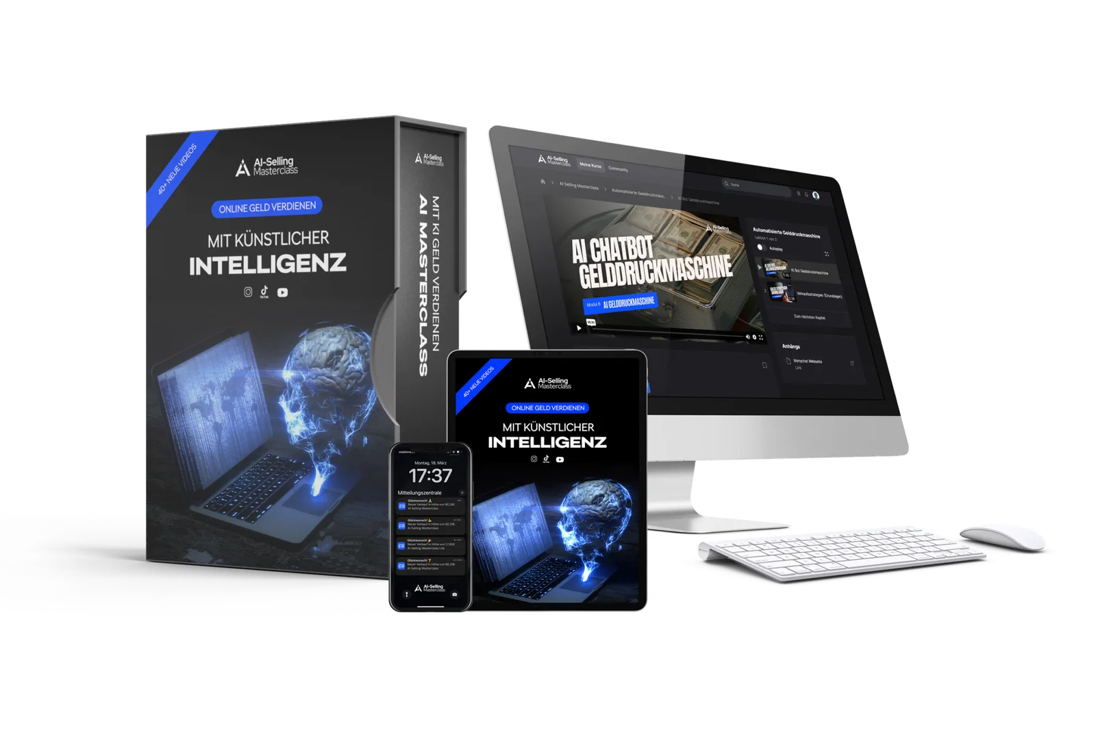 AI Selling Masterclass Produktabbildung zeigend Boxcover, Laptop, Tablet und Smartphone mit Kurs-Interface und Titel Online G