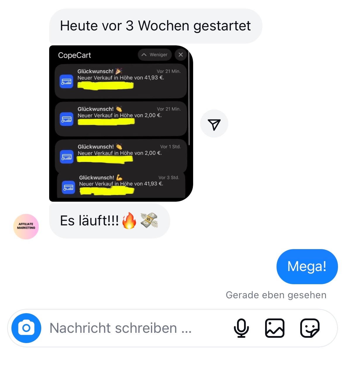Kundenstimme-Screenshot mit Messenger-Chat zeigend Copecart-Benachrichtigungen über Verkäufe und Verdienste mit Glückwunsch-E