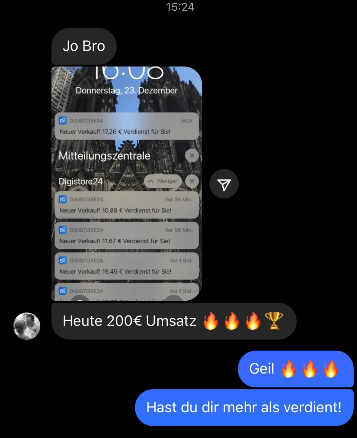 Kundenstimme-Screenshot mit Messenger-Chat und Digistore24-Benachrichtigungen über Verkaufserfolge und Verdienste von 200€ an