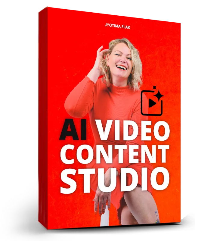 AI Video Content Studio Produktbox 3D mit Jyotima Flak in rotem Shirt auf rotem Hintergrund