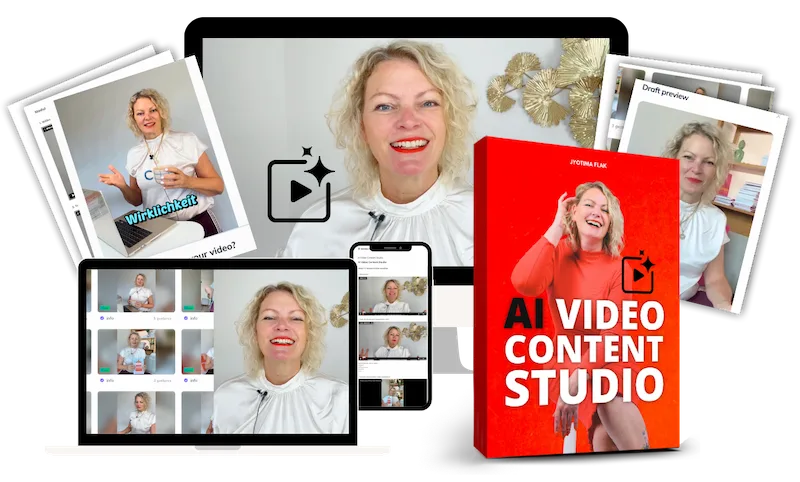 AI Video Content Studio Produktübersicht mit Geräten, Jyotima Flak und roter Produktbox