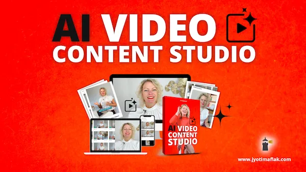AI Video Content Studio Hero-Banner mit Jyotima Flak, Laptops und Videos auf rotem Hintergrund