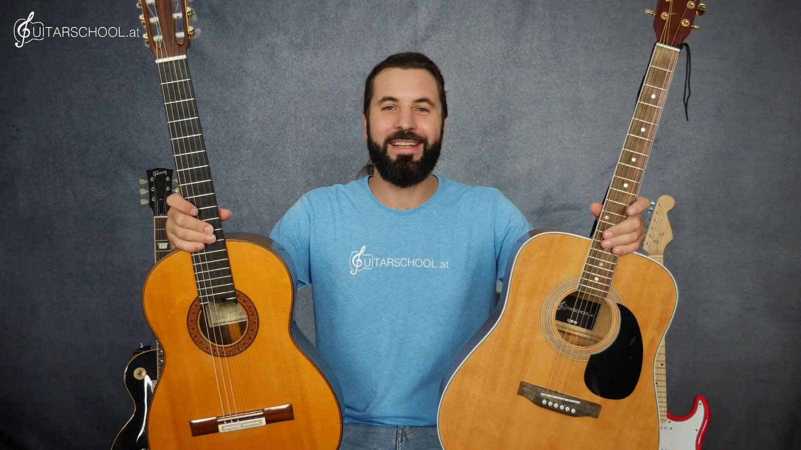 Gitarrenlehrer Norman Gänser mit Klassik- und Westerngitarre, lächelt in die Kamera im blauen Shirt