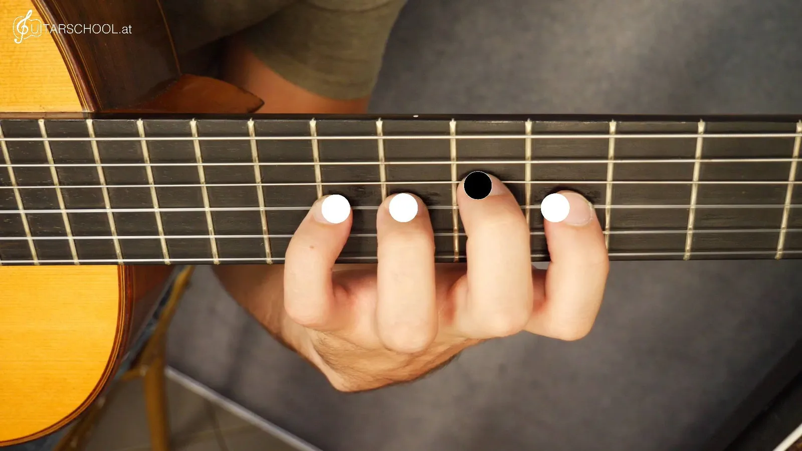 Nahaufnahme einer Hand mit Fingerpicks auf Gitarrensaiten – Fingerübungen Demonstration