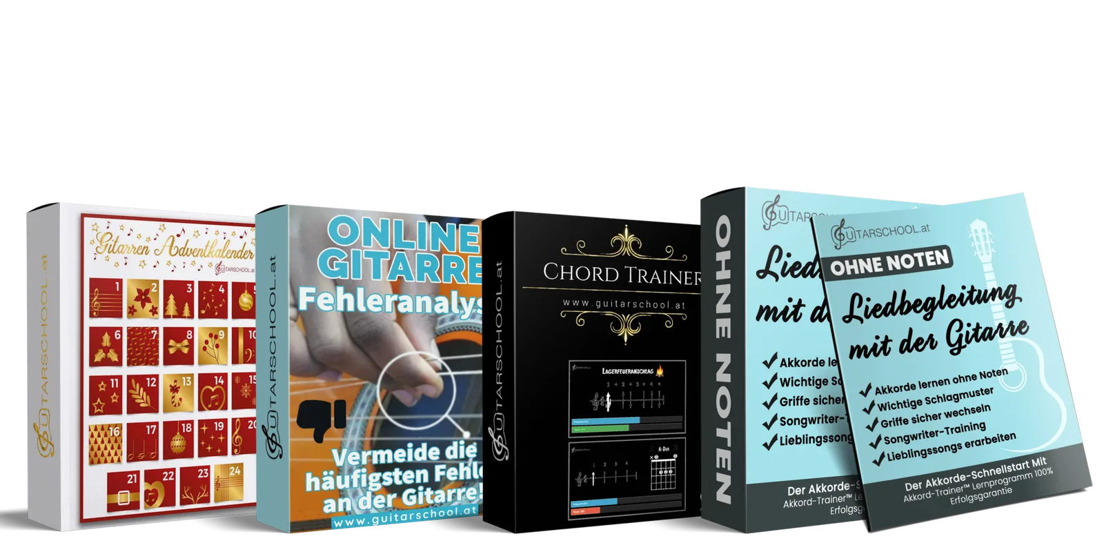 30-Tage-Gitarrenkurs Produktpaket mit fünf Boxen – Adventskalender, Online Gitarre, Chord Trainer, Liedbegleitung ohne Noten