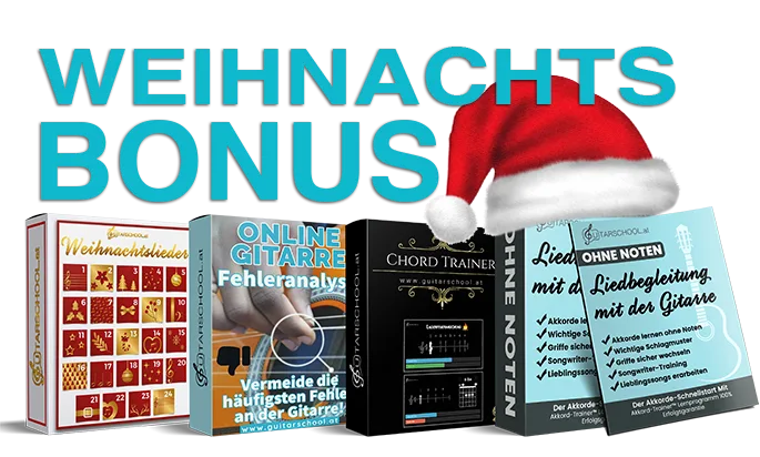 Weihnachts-Bonus Grafik mit Produkten – Weihnachtsliedkalender, Online Gitarre Fehleranalysis, Chord Trainer, Liedbegleitung