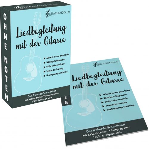 Produktbox Liedbegleitung mit der Gitarre – blauer Karton mit Gitarren-Illustration und Lernfeatures