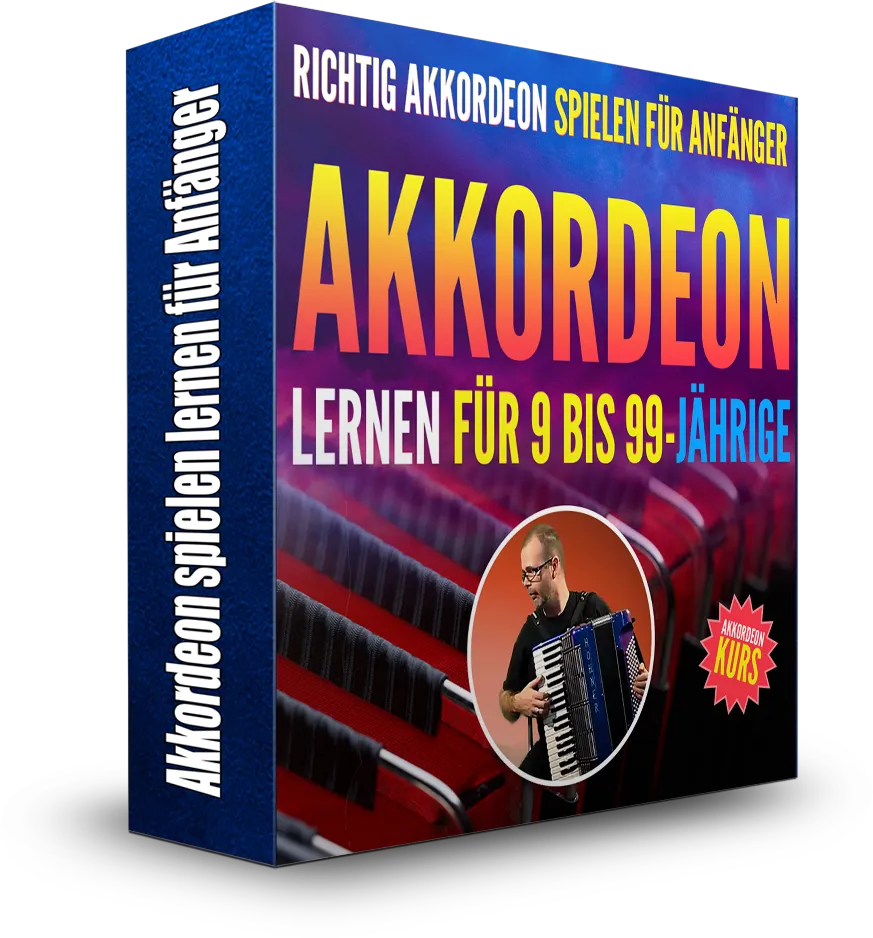 Akkordeon spielen lernen für Anfänger von Martin Kaiser 2 Akkordeon Lernkurs Produktbox mit Akkordeonist und Noten, Lernkurs für Anfänger