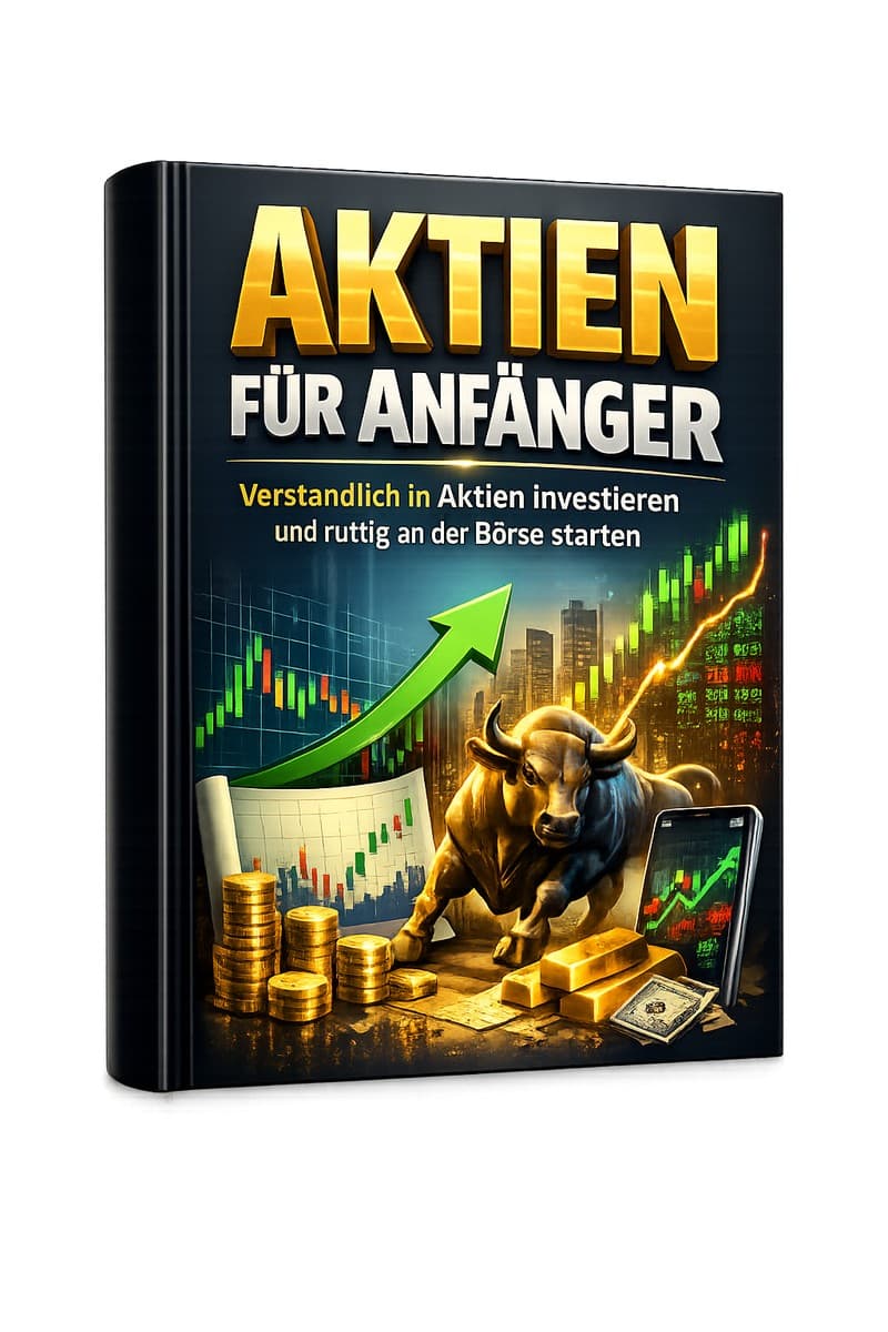 3D Buchcover Aktien für Anfänger mit goldenem Buchtitel, Bullen-Motiv, Münzenstapel und Börsen-Charts