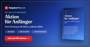 Hero-Banner für Aktien für Anfänger PDF-Ratgeber mit RatgeberPlatz.de Logo, Buchtitel und Call-to-Action Button