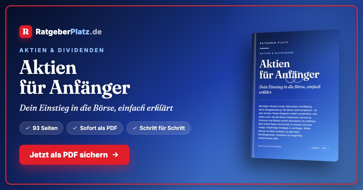 Hero-Banner für Aktien für Anfänger PDF-Ratgeber mit RatgeberPlatz.de Logo, Buchtitel und Call-to-Action Button