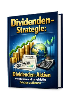 3D Buchcover Dividenden-Strategie mit goldenem Titel, Münzenstapel, Globus, Aktien-Charts und Rechenmaschine