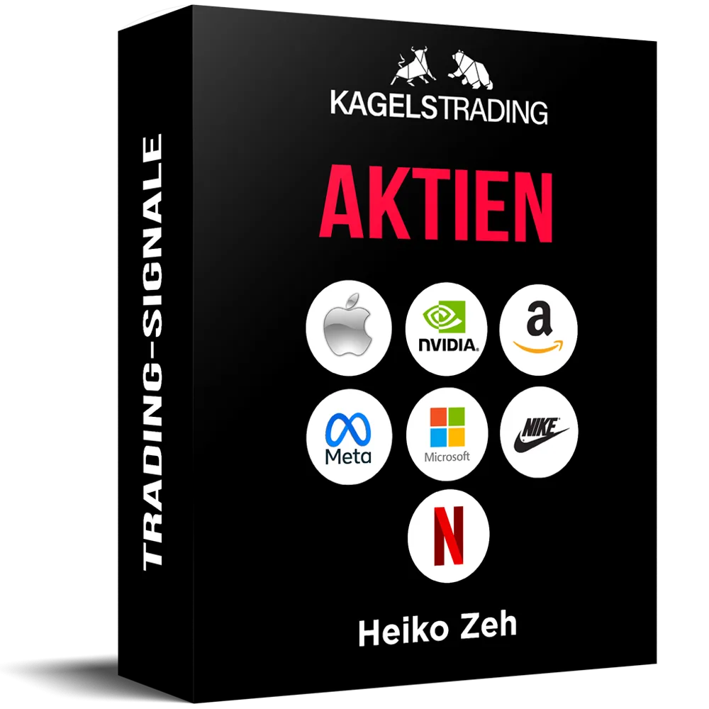 Produktbox Aktien-Signale von Kagels Trading mit Logo-Kreisen von Apple, Nvidia, Amazon, Meta, Microsoft, Nike und Netflix