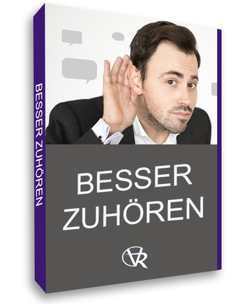 Produktbox-Mockup mit Titel "Besser Zuhören" und Mann mit Hand am Ohr