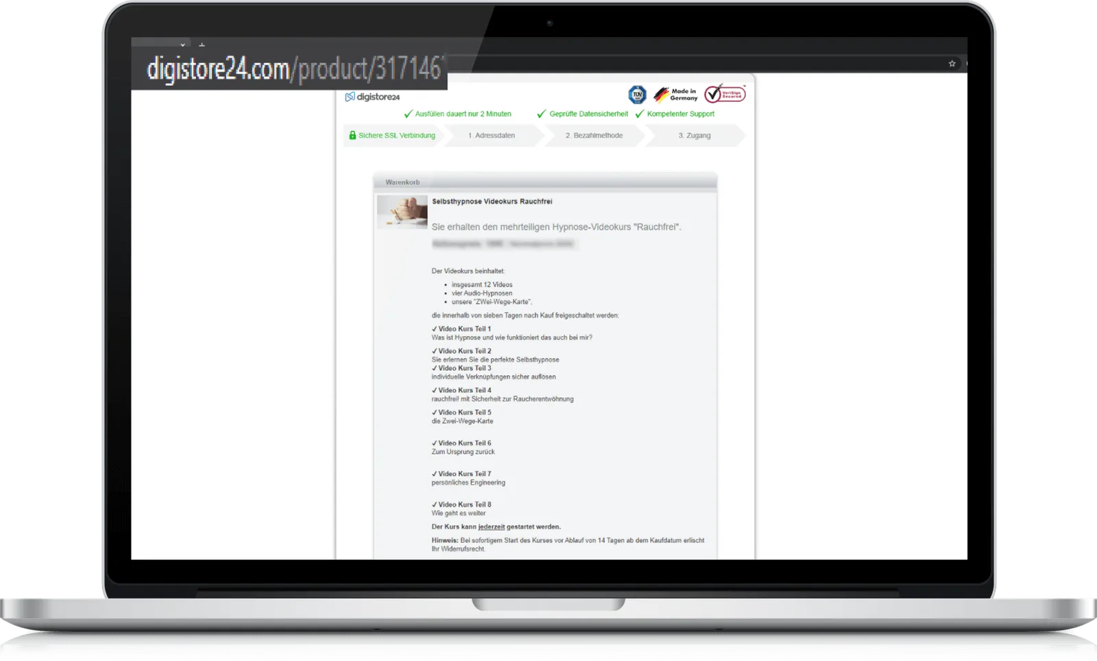 Screenshot: Digistore24-Produktseite Hypnose-Videokurs Rauchfrei mit Kursinhalt