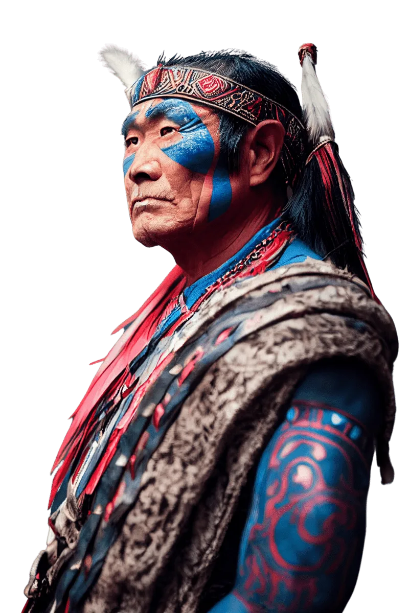 Porträt eines indigenen Mannes mit traditioneller roter und blauer Gesichtsbemalung und Federschmuck auf weißem Hintergrund