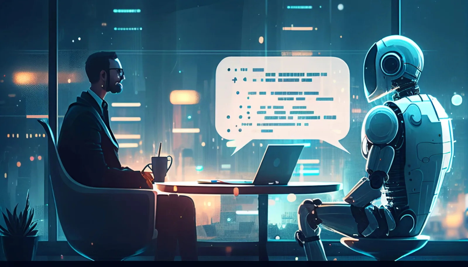Futuristische Szene: Mann am Laptop sitzt am Tisch gegenüber von blauem Roboter mit Code-Sprechblase und Stadtlichtern im Hin