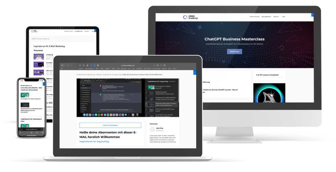 ORBIS Academy All-in-One KI Bundle auf verschiedenen Geräten – Desktop, Tablet und Smartphone zeigen Kursinhalte und ChatGPT