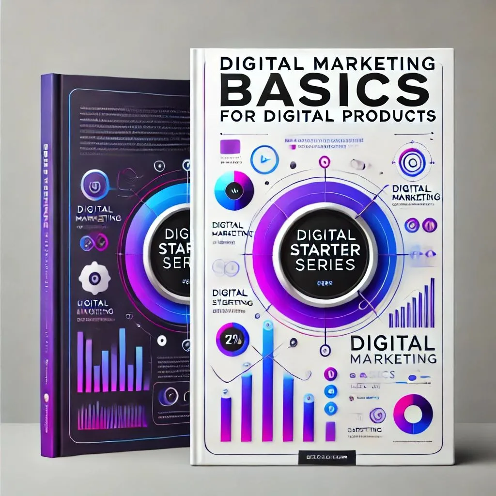 Zwei Buch-Mockups Digital Marketing Basics mit lila-blauem Kreis-Design und Infografiken