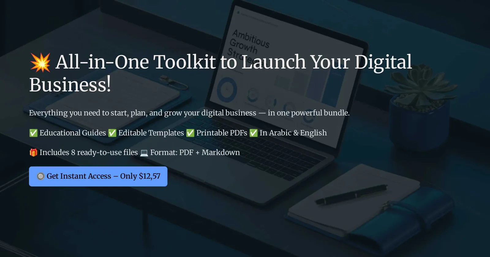 Hero-Banner mit Laptop und Tablet, zeigt All-in-One Toolkit zum Starten digitaler Geschäfte mit Preis $12,57